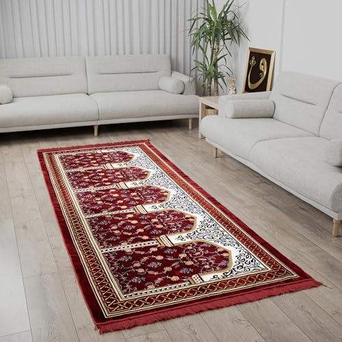 Modefa Turkish Islamic Prayer Rug - Multi Person Janamaz Sajada for Family or Large Gathering & Group Praying Carpet - Wide Plush Velvet Praying Mat (Long 5 Person Red) - color: Long Red