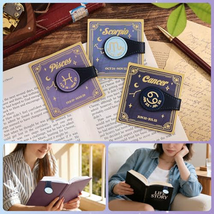 3 PCS Leather Magnetic Bookmark Clips, Zodiac PU Leather Bookmarks for Book Lovers, Full Set of Book Clip Accessories, Water Sign - style: Water Signs Constellation