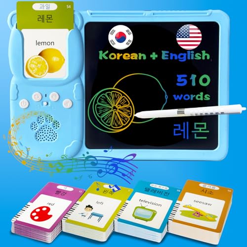 Drawing Writing Tablet for Toddlers - Bilingual Talking English Korean Flash Cards for Kids 3-12, Sensory Toys for Autistic Children, 510 Sight Words, Travel Activity (Korean, Blue) - color: Korean, size: Blue