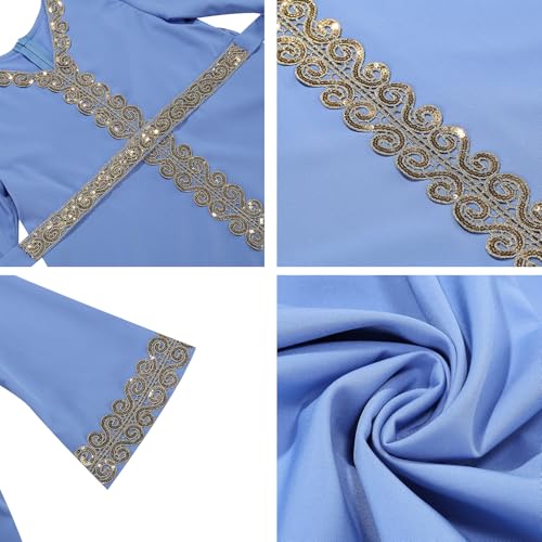OBEEII Girls Muslim Abaya Ramadan Long Bell Sleeve V Neck Sequins Church Prayer Dress with Belt Islamic Eid Robe Kaftan - color: Blue-sequins, size: 8-9 Years