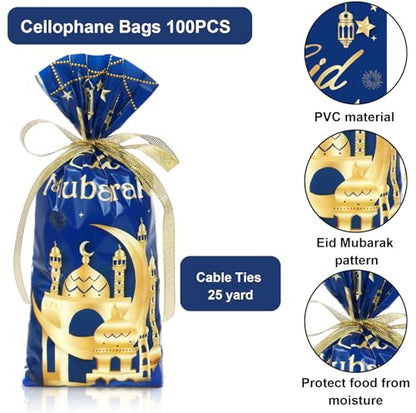 Whaline 100 Pcs Eid Mubarak Cellophane Bags with Ribbon Ramadan Plastic Treat Bags Blue Gold Candy Goodie Bags for Islamic Muslim Party Snack Cookie Packing Supplies - color: Blue Gold
