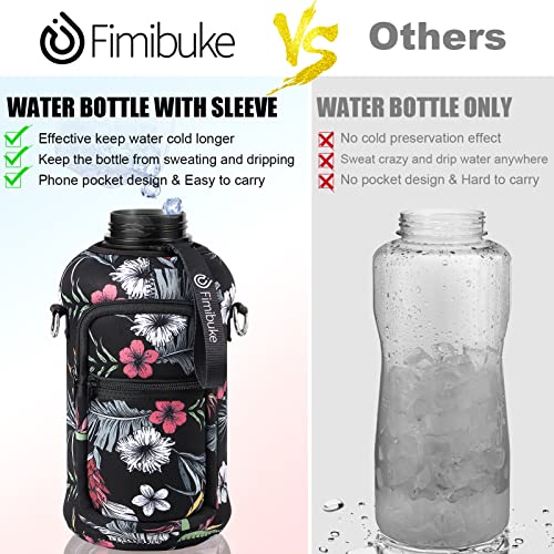 Fimibuke Half Gallon Water Bottle with Sleeve 64 OZ Water Bottle with Handle & Straw Leakproof Motivational Sports Gym Water Bottle with Time Marker BPA Free Water Jug with Reusable Neoprene Holder - color: C1.White Hibiscus