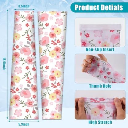 Bebila Gardening Sleeves for Women Farm UV Sun Protection Anti-Scratch Cooling Sleeves with Thumb Hole Arms Cover Outdoors - color: Pink Flowers