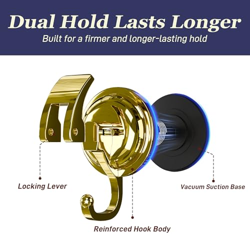 Heavy Duty Vacuum Suction Cup Hooks, Gold Plated Polished Super Suction for Kitchen Bathroom, 2 Pack - color: Gold