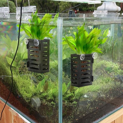 Lawei 8 Pack Hanging Aquarium Plant Holder, Plastic Aquatic Plant Pot with 48 Hooks and 16 Suction Cups, Planter Cups for Aquarium Decorations Accessories Fish Tank Live Plants