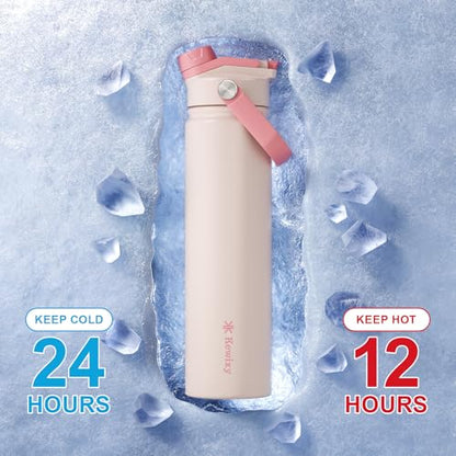 KEWIXY 24 oz Insulated Water Bottle, 2-in-1 Lid, Straw & Spout with Protected, Leak Proof, Keep Cold, Stainless Steel, Metal, Reusable, Handle, for Travel, Gym and School, 2 Lids, Blush Pink - color: Blush Pink, size: 24 Ounces