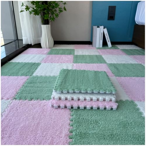 FYYSJW 10 Piece Plush Patchwork Foam Floor Mat, Soft Interlocking Floor Carpet Squares, Fluffy Puzzle Area Rug, 12 X 12 Inch,Green+Pink+White - color: Green+pink+white
