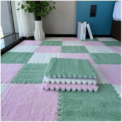 FYYSJW 10 Piece Plush Patchwork Foam Floor Mat, Soft Interlocking Floor Carpet Squares, Fluffy Puzzle Area Rug, 12 X 12 Inch,Green+Pink+White - color: Green+pink+white