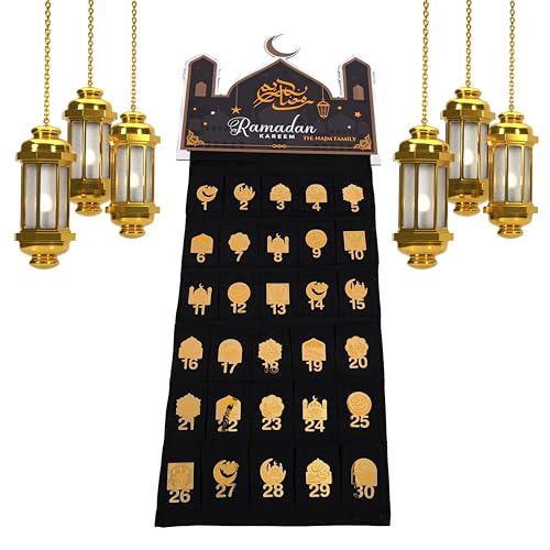 IEF Personalized Fabric Canvas Ramadan Advent Calendar Countdown Days of Ramadan Till Eid Ramadan Kareem Eid Mubarak Home Décor for Girls and Boys (Wall Decor, Black) - color: Black