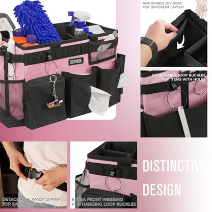 SCAVATA Wearable Cleaning Caddy Bag, Cleaning Caddy Supplies Organizer with Handle & Shoulder Straps for Housekeepers, Under Sink & Car Cleaning Tool Organizers with 4 Foldable Divider (SweetPink) - color: SweetPink