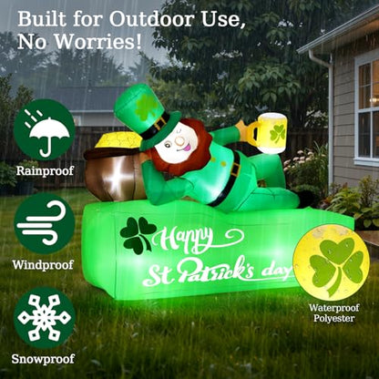 Lewondr 5.9FT St Patricks Day Inflatable Outdoor Decorations, Inflatable Leprechaun Lay on the Bed with Shamrocks, Blow up Yard Decoration with 6 Build-in Lights for Holiday Party Yard Lawn Garden - style: Leprechaun