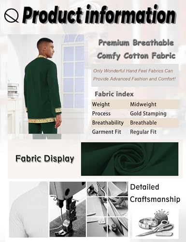 Mens African 2 Piece Set Nigerian Dashiki Metallic Traditional Suit Gold Stamp Printed Shirt and Pants Outfit - color: Dark Green, size: Small