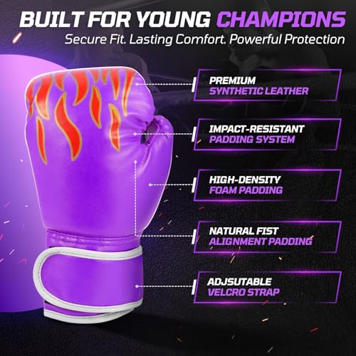 Flexzion Boxing Gloves for Kids 4oz – Training Punching Bag Mitts, Kid Boxing Gloves with Faux Leather & Wrap-Around Wrist Protection for Boys & Girls Ages 3-8 Years - color: Purple Blaze