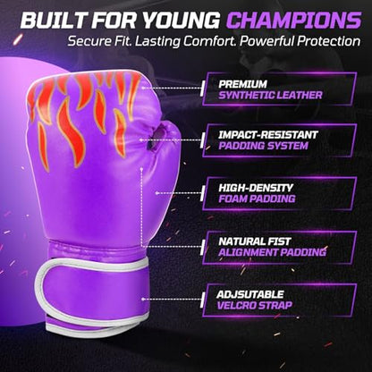 Flexzion Boxing Gloves for Kids 4oz – Training Punching Bag Mitts, Kid Boxing Gloves with Faux Leather & Wrap-Around Wrist Protection for Boys & Girls Ages 3-8 Years - color: Purple Blaze