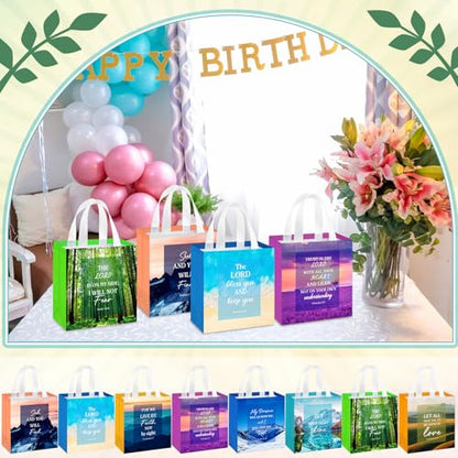 HunnmingRe 32 Pcs Christian Gift Bags Bulk,Reusable Scene Religious Bible Verse Tote with Handles Non Woven Scripture Pastor Blessing Gift for Baptism Church Wedding Favors - style: Scene