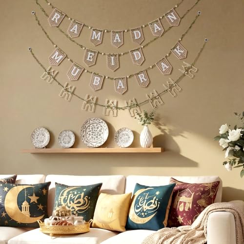 Marsui 4 Pcs Ramadan Eid Mubarak Wood Bead Garland Eid Mubarak Ramadan Hanging Banner Garland Farmhouse Wooden Rustic Neutral Hanging Decor for Party Fireplace Home Wall Sign Decoration - size: Ramadan