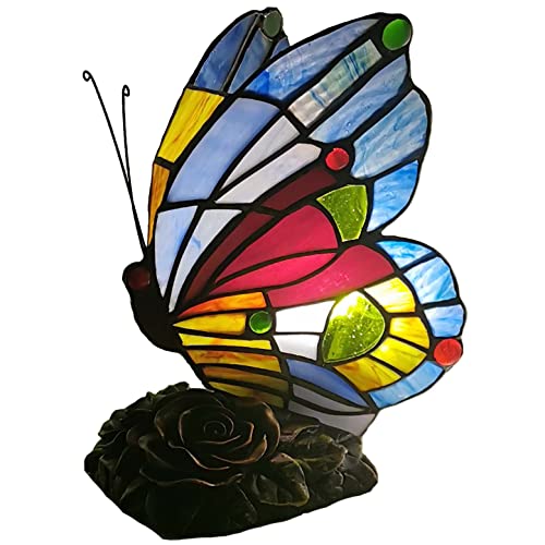 Bieye L10042 Butterfly Tiffany Style Stained Glass Accent Table Lamp Night Light for Bedside Bedroom Living Room (Multi-Colored E) - color: Multi-colored E