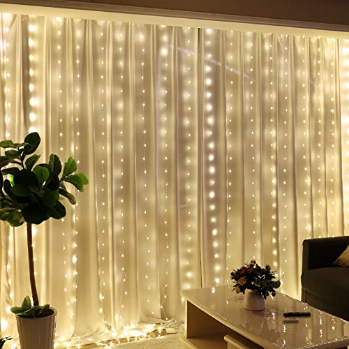 HXWEIYE 300LED Fairy Curtain Lights, 9.8x9.8Ft USB Plug-in 8 Modes Christmas String Hanging Lights with Remote for Bedroom Backdrop Wedding Indoor Wall Decor, Warm White, Tangle-Free – 1 Pack - color: Warm White, size: Regular