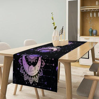 Sun Moon Table Runner, Purple Bohemian Hippie Gradient Sun, Moon and Stars Tarot Constellation Tabletop Restaurant Dining Kitchen Wedding Party 13x36 Inch - color: Moon Style-4, size: W13X L36
