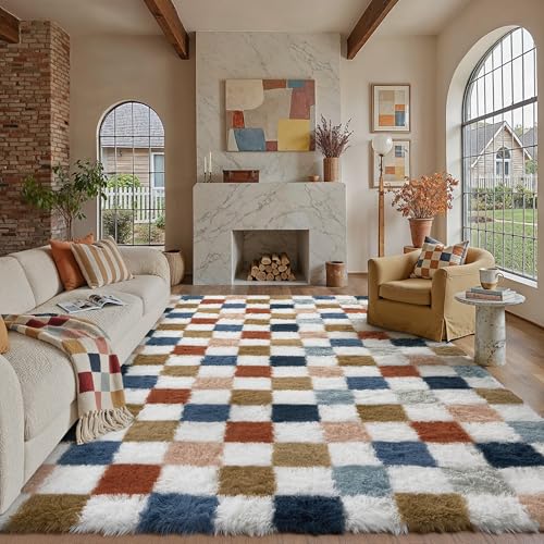 PureCozy Checkered Area Rug 8x10 for Living Room Soft Fluffy Shag Carpet - color: Rainbow, size: 8' x 10' (Rectangular)