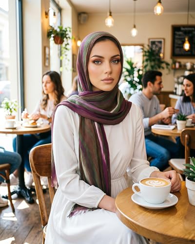 Women’s Gradient Tie Dye Hijab Scarf Soft Cotton Linen Headscarf Shawl Crinkle Printed Muslim Head Wrap - color: Color 2