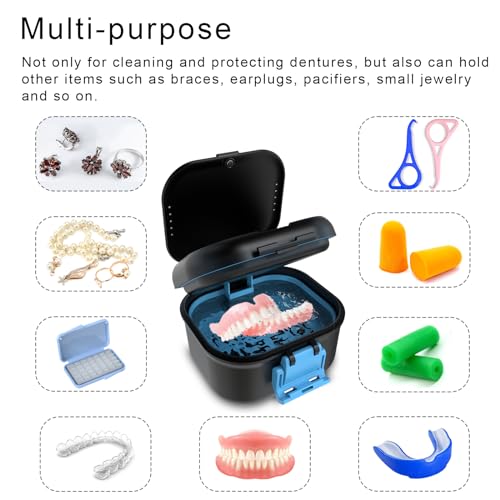 BVN Upgraded Leak Proof Denture Bath Cup with Strainer | Portable Denture Soaking Box with Storage Compartment, Travel Retainer Cleaning Case for Dentures, Braces & Mouth Guards - color: Black+blue