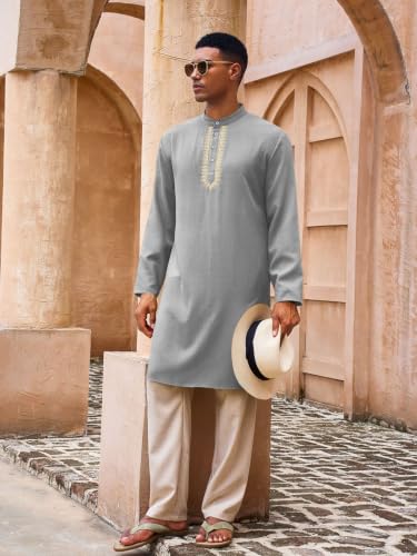 Yousify Mens Kaftan Thobe Casual Henley Shirts - color: Grey, size: XX-Large
