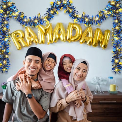 Kingdder 16.4 ft Ramadan Garland Decorations Metallic Garland with 50 LED Lights Hanging Star Crescent Moon with Light Foil Tinsel for Eid Al-adha Party Decor
