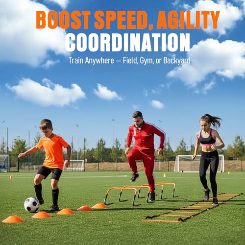 Agility Ladder, Soccer Football Training Equipment Set - 20ft Speed Ladder, 4 Hurdles,Parachute, 12 Cones & Jump Rope | Agility & Speed Training for Kids Youth Adults,Basketball & Football Accessories - color: Orange
