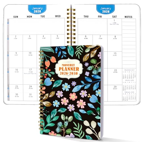2026-2030 Monthly Planner - 5 Years Monthly Planner with Calendar from Jan 2026 to Dec 2030, 60 Months Schedule Organizer, A5 Size Spiral Bound Notepad Planners with to Do List - color: Black Flower