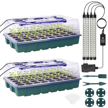 Sondiko Seed Starter Tray with Grow Light, Intelligent Display Digital Controller, 80 Cells Seed Starter Kit with Humidity Dome, Adjustable Brightness Indoor Plants Germination Kit(2 Pack) - color: Dark Green