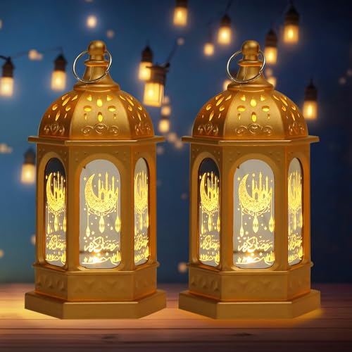 Hying 2 Pieces Eid Mubarak Lanterns Decoration 5.2" Height Hanging Lamp Ramadan Flameless Candle Holder with Transparent Glass Eid Mubarak Gifts Lantern for Home Tabletop Decor - color: Style 1: Golden Lantern