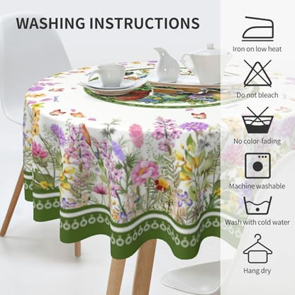 Flower Butterfly Tablecloth Spring Round Table Cover Washable Table Cloth for Home Kitchen Party Picnic 60 Inch - color: Spring Flower Butterfly