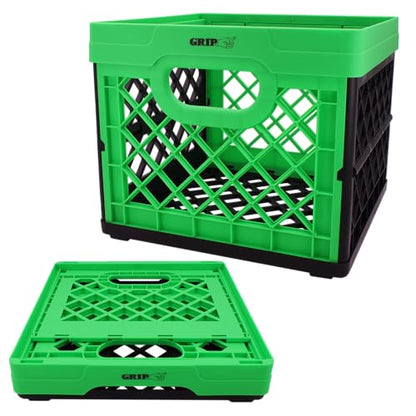 Grip Folding Stackable Storage Bin, Grn, 6 Gallon - Dimensions: 13" x 13" x 11" - Milk Crate - Capacity: 50 lbs - Heavy Duty Plastic - Collapsible Crate for Sporting Goods, Toys, Pool Toys, Files