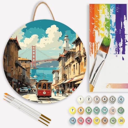 Golden Gate Bridge Paint by Numbers Kit for Adults on Wood Board – DIY Cable Car and Bay Cityscape Wood Craft Painting Kit, 12 in Round, Acrylic Paint Set, Beginner-Friendly, Relaxing Home Decor Gift - color: FM05602