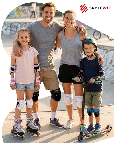 SKATEWIZ Knee and Elbow Pads Adult - Skating Protective Gear - PROTECT-1 - Size L Pink White - Wrist Guards Skating Pads, Skateboard, Roller Skate, Ice Skates For Women - color: Pink-White, size: L - Teens and Adults