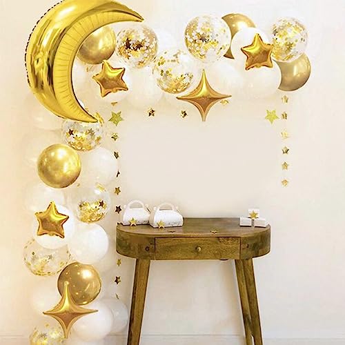 50Pcs 10 Inch Gold Star Foil Balloons Gold Star Shape Mylar Balloon Kit with 60Pcs Balloon Glue Point and 5Pcs Straws for Birthday Baby Shower Engagement Anniversary Wedding Party Decoration - style: Golden Four Point Star Balloons