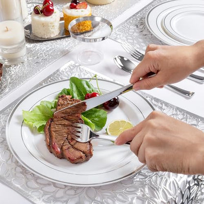 WDF Partyware 175PCS Sliver Plastic Plates - Silver Plates Disposable - White Plate with Silver Trim 25Guests Plastic Dinnerware Sets with Rolled Napkins for Wedding Baby Shower Spring Birthday - color: White and Silver, size: 175PCS