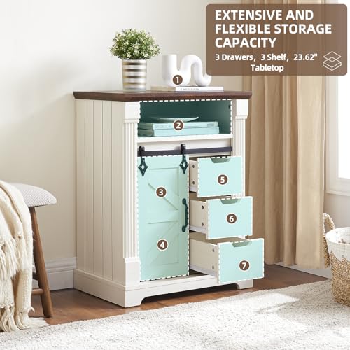 Minifeel Farmhouse Bathroom Cabinet, Freestanding Small Storage Cabinets with Barn Door and Three Drawers, Wooden Console Entryway Table with Roman Column for Kitchen, Living Room, laundry room, White