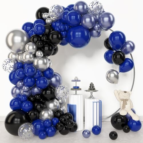 Amandir 153pcs Blue and Black Balloons Arch Garland Kit Different Sizes 18 12 10 5inch Metallic Silver Royal Dark Navy Blue Latex Confetti Graduation Balloon Birthday Space Retirement Party Supplies - color: Blue Black