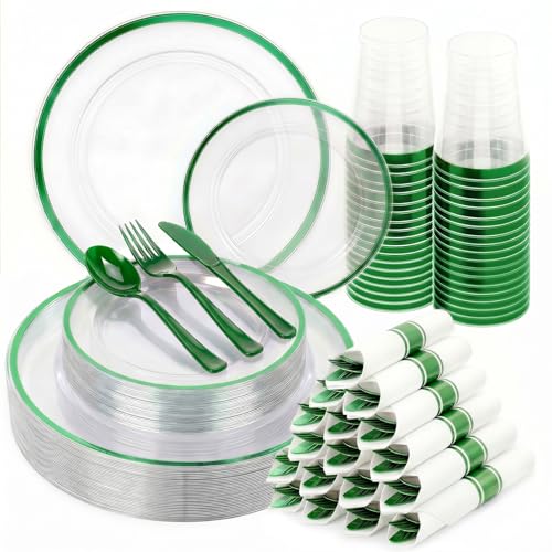 350pcs Plastic Plates for Party Clear & Green - color: Green, size: 350pcs（50guests）