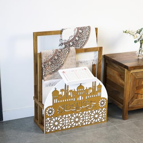 Elegant Wooden Quran Stand & Prayer Mat Holder – Islamic Home Décor, Prayer Rug Organizer, Ramadan & Eid Gift, Decorative Wooden Islamic Accessories, Quran Display Holder for Mosque & Home White-Gold - color: White-gold
