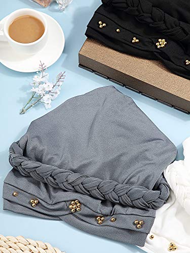 SATINIOR 4 Pieces Turban for Black Women African Cap Head Wraps Beaded Headscarf Beanie Wrap - color: Black, Grey, White, Red, style: Bead Style