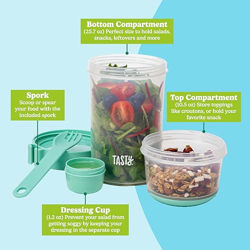 Tasty Salad Shakers with Sporks, Bring Salads and Snacks to Go, All-In-One Container, Convenient Carry Handle, Separate Compartments, 2-Pack Set, Aqua