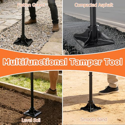 Heavy Duty Tamper Tool, 59 Inch Manual Soil Compactor Hand Tamper with Solid Flat Base Lawn Leveling Tool with Comfortable Handle for Yard Patio Driveway Garden Dirt Sand Gravel Soil ﻿