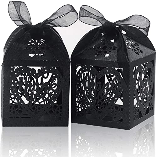 COTOPHER Laser Cut Boxes 60pcs Thank You Gift Boxes Wedding Party Favor Boxes Lace Candy Boxes for Wedding Bridal Shower Baby Shower Birthday Party Decorations with Ribbons (2x2x2.75inch, Black, 60) - color: Black, size: 60 count (Pack of 1)
