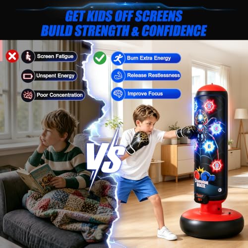 Punching Bag for Kids 51" Freestanding Boxing Bag with LED Scoring & Music | 4 Interactive Game Modes, Kids Boxing Set with Gloves&Pump, Leak-Proof Valve Design, Inflatable Boxing Bag Gift for kids 3-12