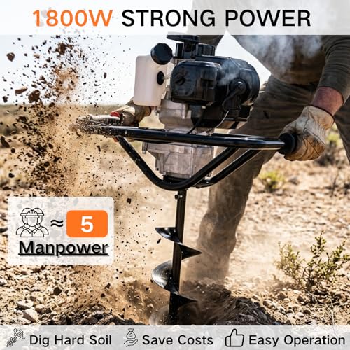 DC HOUSE Post Hole Digger, 52cc 1800W Gas Powered Earth Auger Earth Digger, Auger Post Hole Digger with Two Drill Bit 6" & 10" and Extension Rods, for Fence, Farmland and Garden, EPA Certified - size: 52cc+2 bit(6"10")+3 Ext(8"12"20")