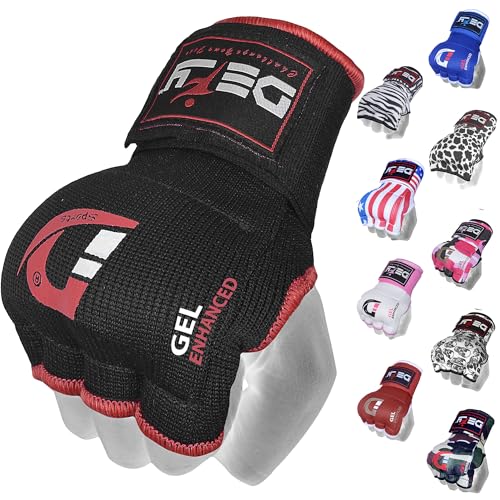 DEFY Padded Inner Gloves Quick 75cm Long Strap – Inner Boxing Gloves Gel Padded Knuckle Protection – Elasticated Boxing Hand Wraps for MMA Muay Thai Kickboxing Martial Arts Pair - color: Black, size: Large