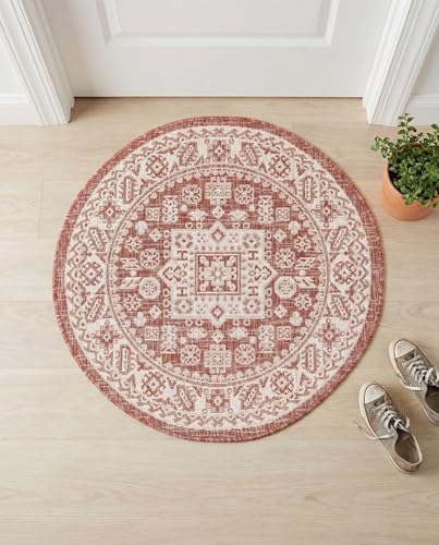 Rugs.com - Outdoor Aztec Rug – 3 Ft Round Rust Red Easy-Clean Indoor/Outdoor Rug – Weather Resistant for Patios, Decks, and Porches - color: Rust Red, size: 3' (Round)